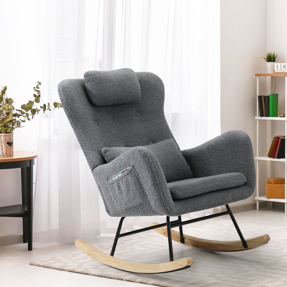 Oikiture Rocking Chair Sherpa With 2 Pillow Grey-Armchair-PEROZ Accessories