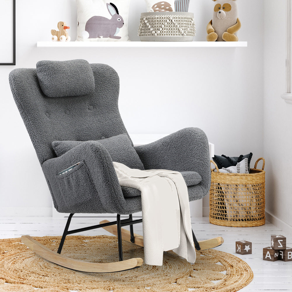 Oikiture Rocking Chair Sherpa With 2 Pillow Grey-Armchair-PEROZ Accessories