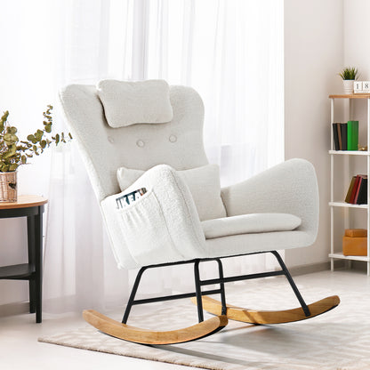 Oikiture Rocking Chair Nursing Armchair Sherpa Accent Chairs With 2 Pillow White-Armchair-PEROZ Accessories