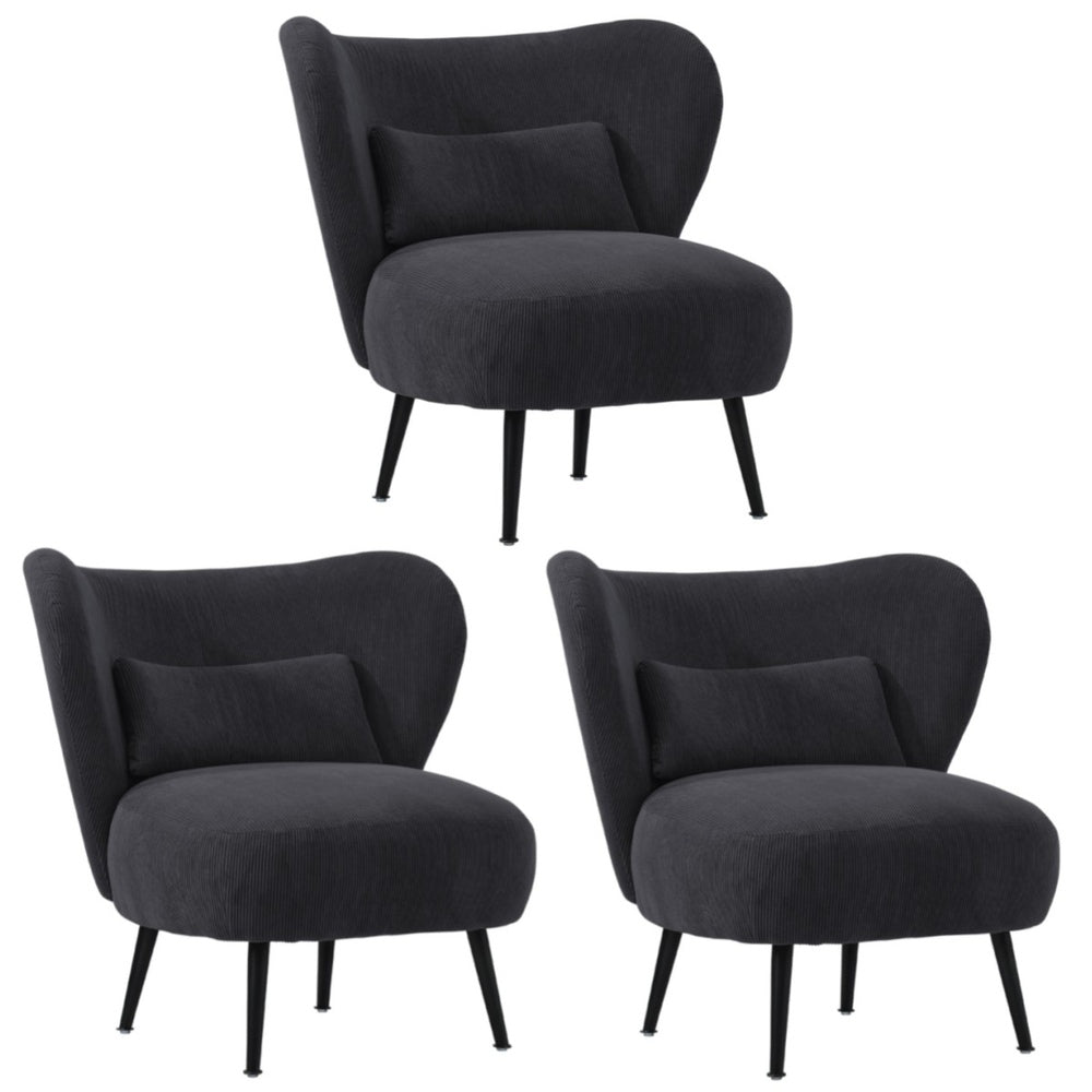 Oikiture 3x Armchair with Lumbar Pillow Wingback Velvet Charcoal-Armchair-PEROZ Accessories