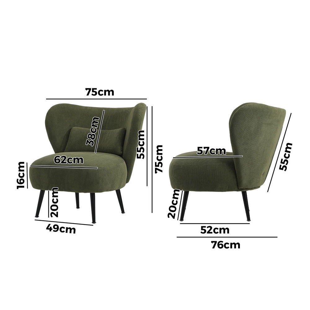 Oikiture Lounge Chair with Lumbar Pillow Wingback Velvet Green-Armchair-PEROZ Accessories