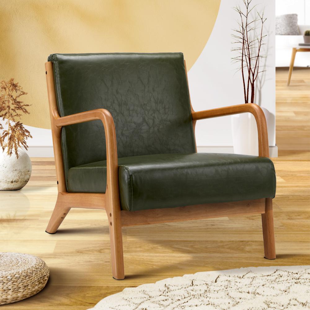 Oikiture Armchair Lounge Chair Couches Sofa Wood PU Green-Armchairs-PEROZ Accessories