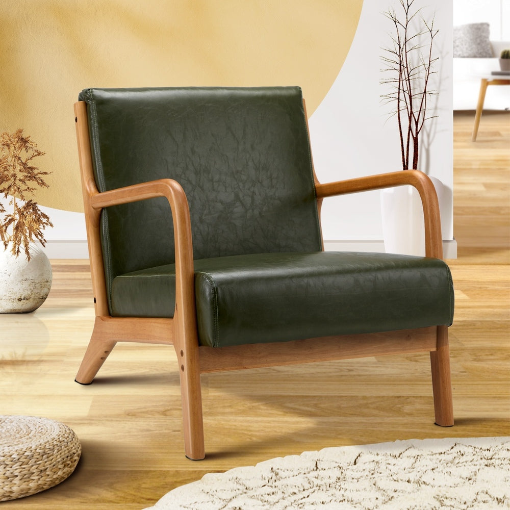 Oikiture Armchair Lounge Chair Couches Sofa Wood PU Green-Armchairs-PEROZ Accessories