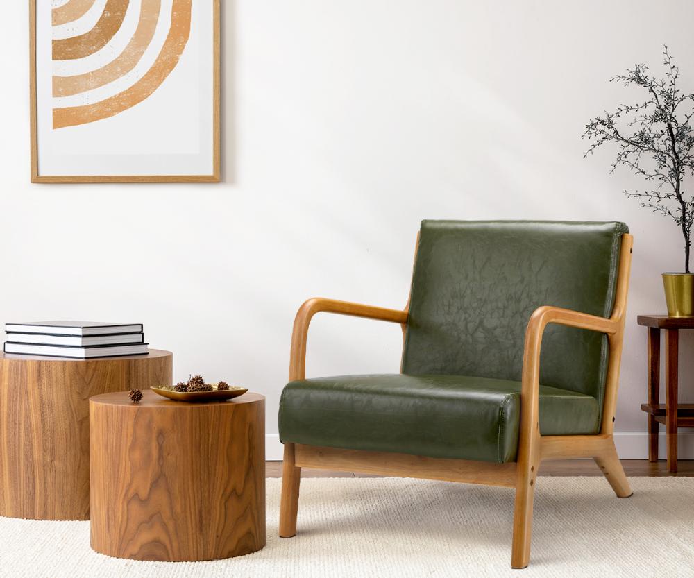 Oikiture Armchair Lounge Chair Couches Sofa Wood PU Green-Armchairs-PEROZ Accessories