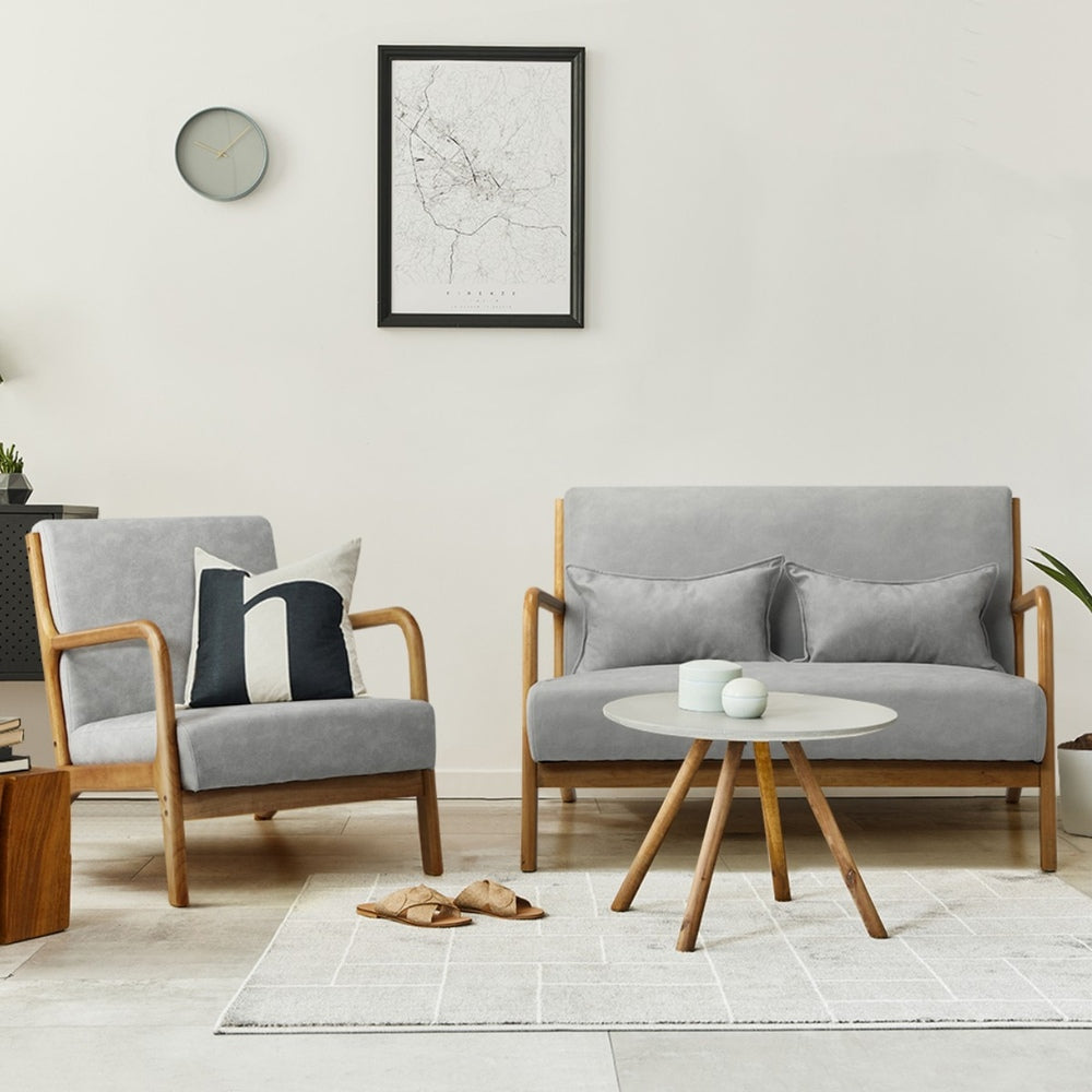 Oikiture 3PCS Armchair Lounge set 1/2 Seater 2 Pillows Fabric Grey-Armchair-PEROZ Accessories