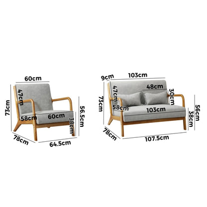 Oikiture 3PCS Armchair Lounge set 1/2 Seater 2 Pillows Fabric Grey-Armchair-PEROZ Accessories