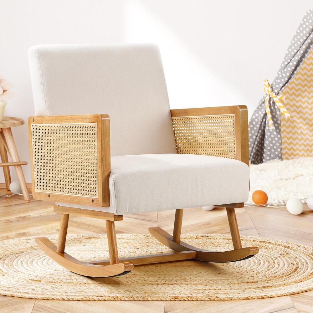 Oikiture Rocking Chair Nursing Armchair Linen Accent Chairs PE Rattan Beige-Armchairs-PEROZ Accessories