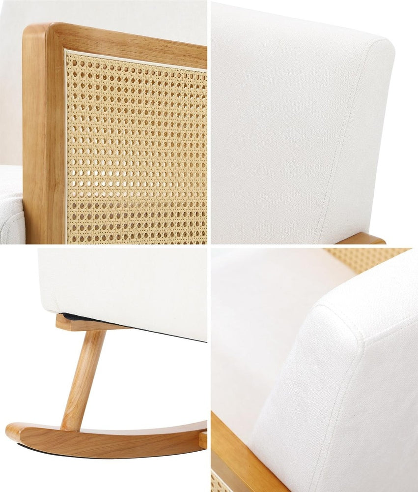 Oikiture 2x Rocking Chair Nursing Armchair Linen PE Rattan Beige-Armchair-PEROZ Accessories