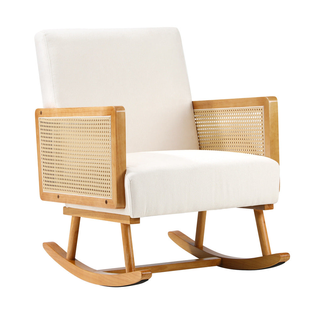 Oikiture 3x Rocking Chair Nursing Armchair Linen PE Rattan Beige-Armchair-PEROZ Accessories