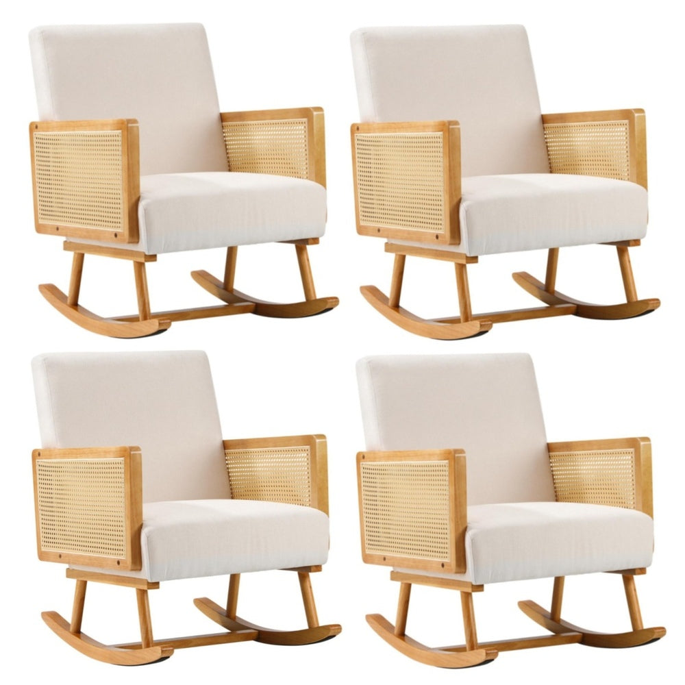 Oikiture 4x Rocking Chair Nursing Armchair Linen PE Rattan Beige-Armchair-PEROZ Accessories