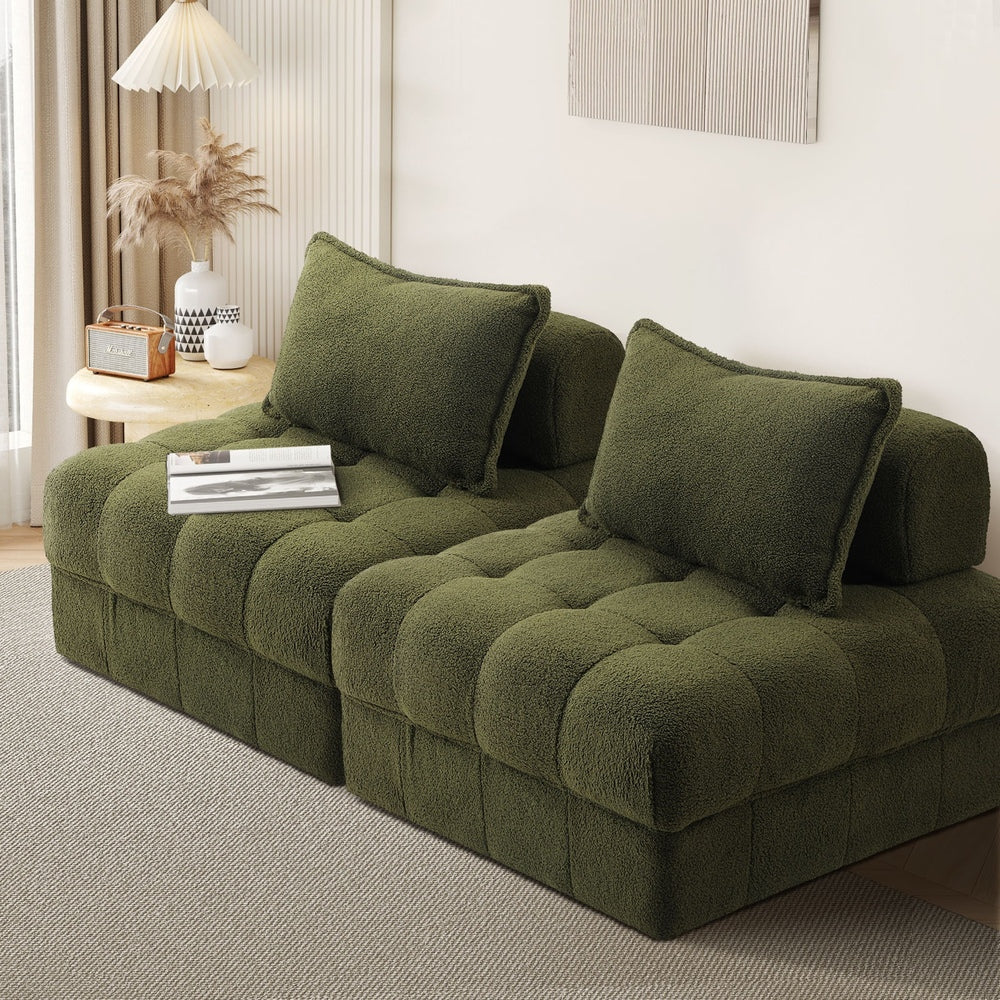 Oikiture 2 Seater Boucle Modular Sofa Armless TOFU Back Green-Sofa-PEROZ Accessories