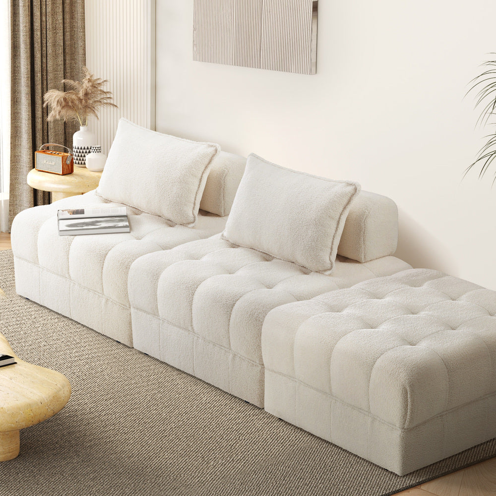 Oikiture 3 Seater Boucle Modular Sofa &amp; Ottoman Set Armless White-Armchair-PEROZ Accessories