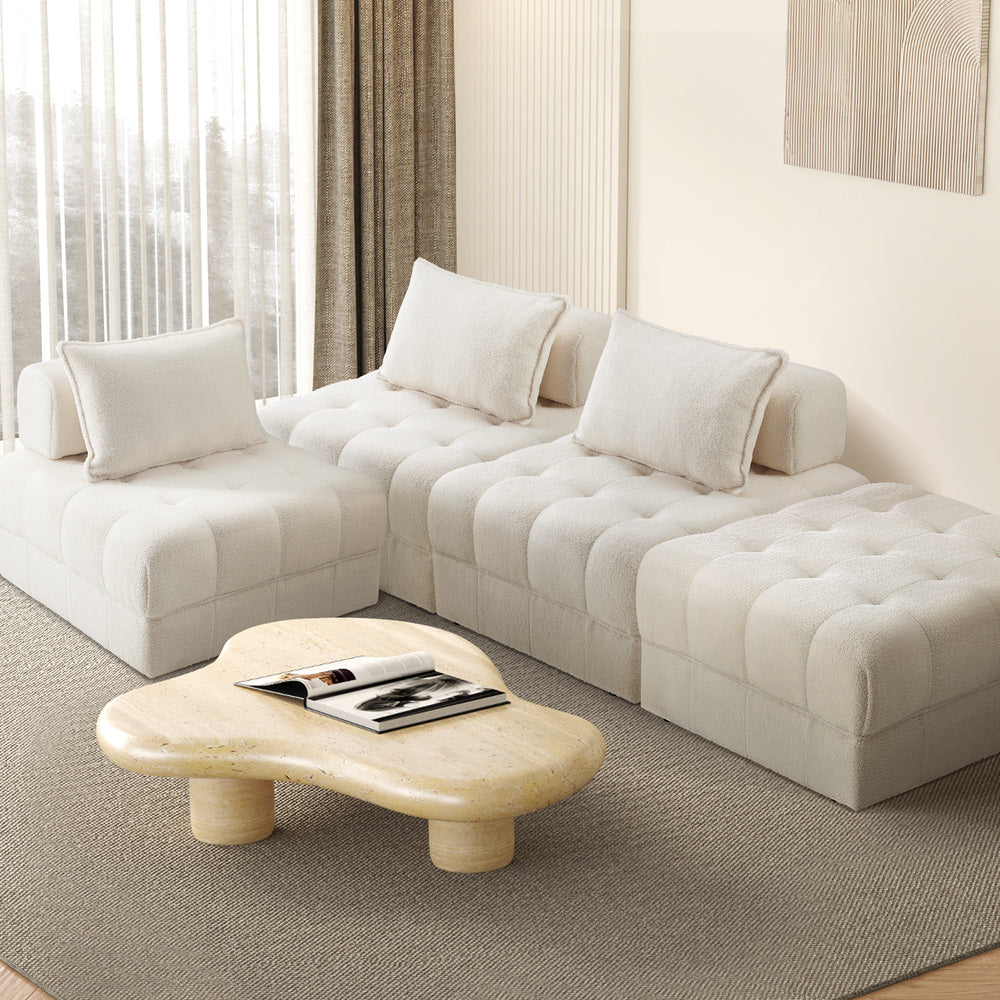 Oikiture 4 Seater Boucle Modular Sofa &amp; Ottoman Set Armless White-Armchair-PEROZ Accessories
