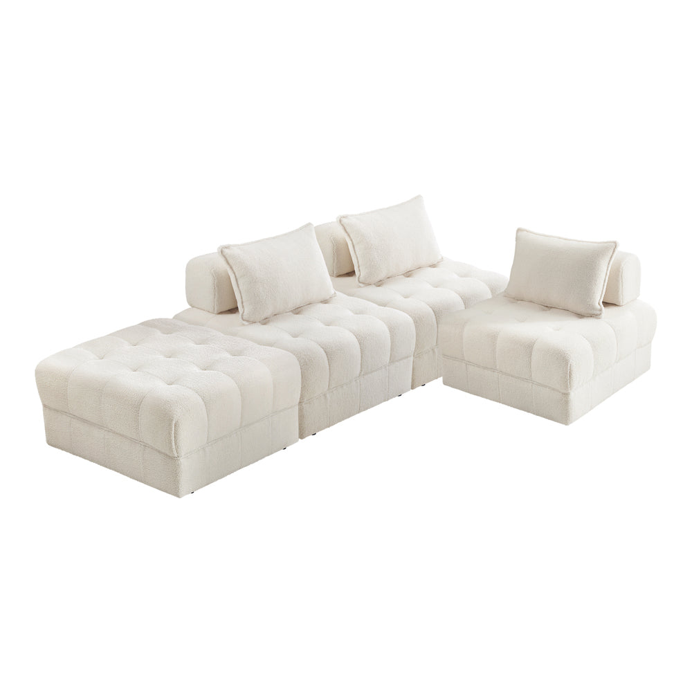Oikiture 4 Seater Boucle Modular Sofa &amp; Ottoman Set Armless White-Armchair-PEROZ Accessories