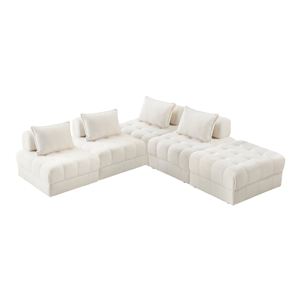 Oikiture 5 Seater Boucle Modular Sofa &amp; Ottoman Set Armless White-Armchair-PEROZ Accessories