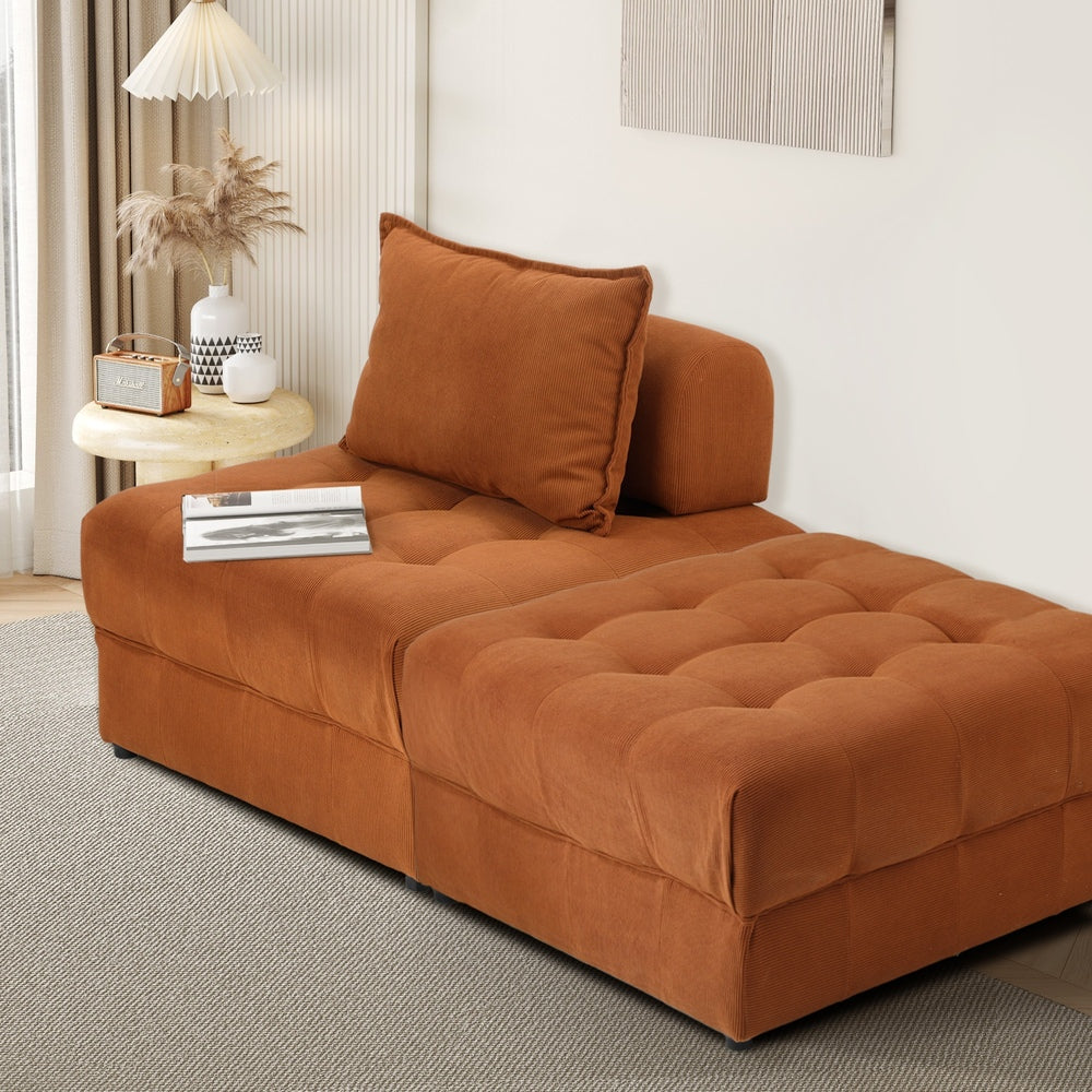Oikiture 2 Seater Velvet Modular Sofa &amp; Ottoman Set with Backrest Brown-Armchair-PEROZ Accessories