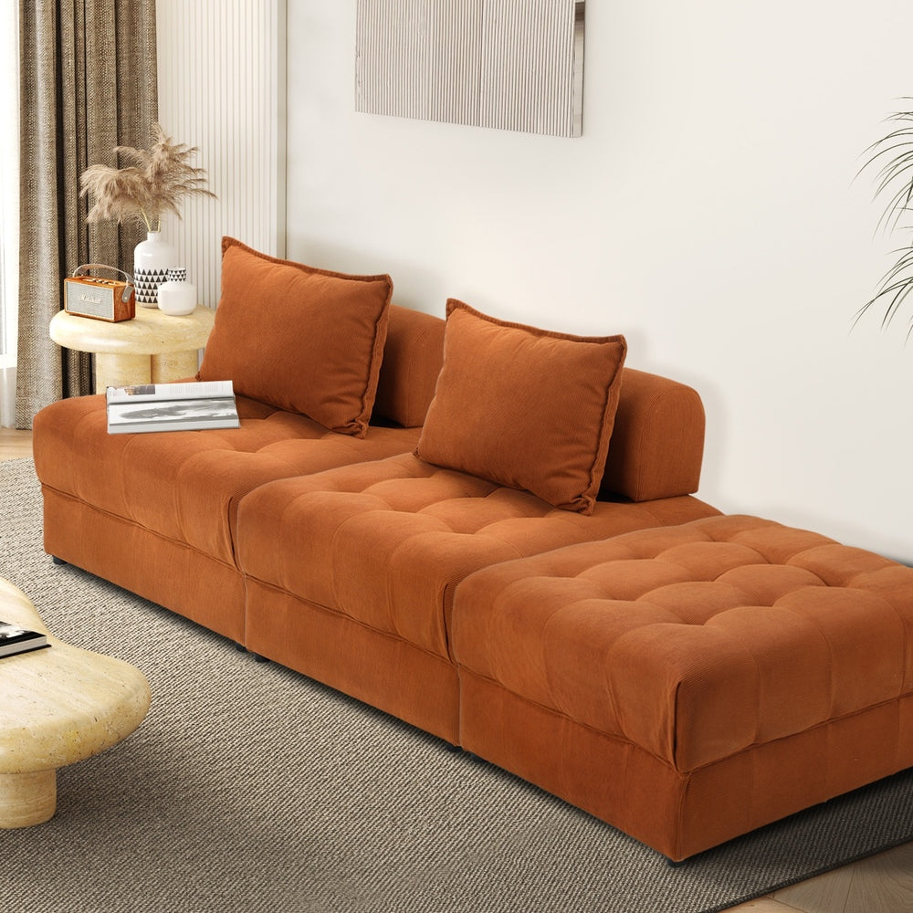 Oikiture 3 Seater Velvet Modular Sofa &amp; Ottoman Set with Backrest Brown-Armchair-PEROZ Accessories