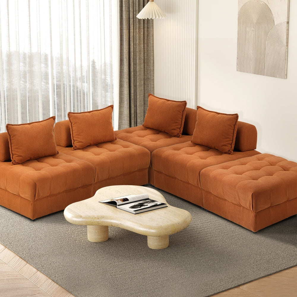 Oikiture 5 Seater Velvet Modular Sofa &amp; Ottoman Set with Backrest Brown-Armchair-PEROZ Accessories