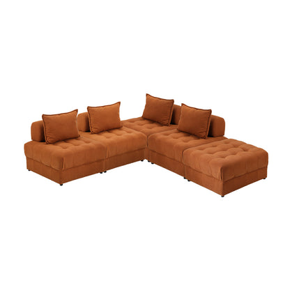 Oikiture 5 Seater Velvet Modular Sofa &amp; Ottoman Set with Backrest Brown-Armchair-PEROZ Accessories