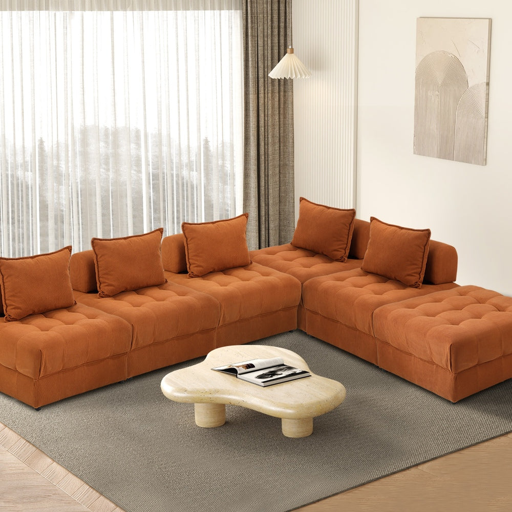 Oikiture 6 Seater Velvet Modular Sofa &amp; Ottoman Set with Backrest Brown-Armchair-PEROZ Accessories