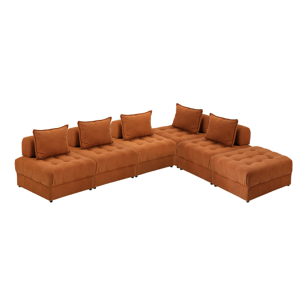 Oikiture 6 Seater Velvet Modular Sofa &amp; Ottoman Set with Backrest Brown-Armchair-PEROZ Accessories