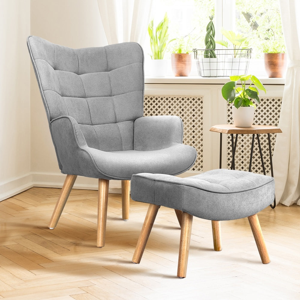 Oikiture 2x Armchair Lounge Chair Ottoman Fabric Sofa Grey-Armchair-PEROZ Accessories