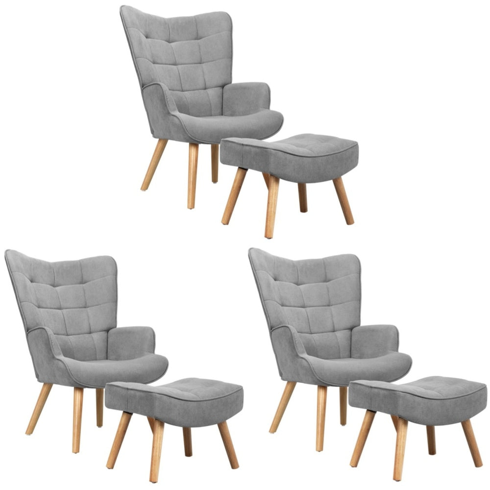 Oikiture 3x Armchair Lounge Chair Ottoman Fabric Sofa Grey-Armchair-PEROZ Accessories