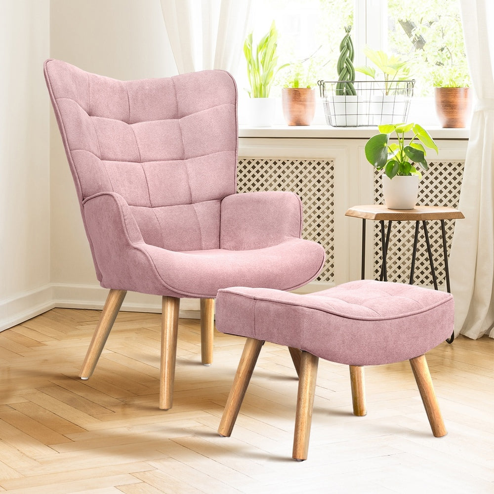 Oikiture 3x Armchair Lounge Chair Ottoman Fabric Sofa Pink-Armchair-PEROZ Accessories