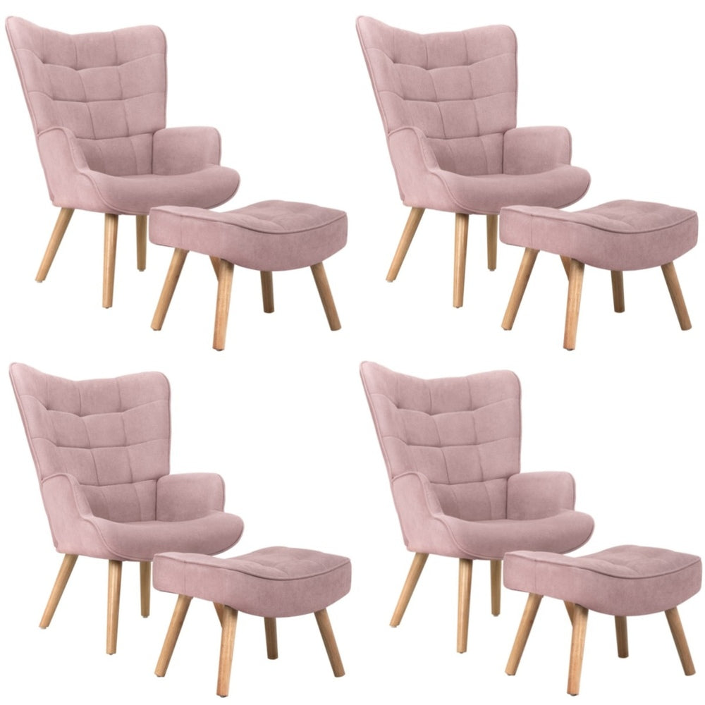 Oikiture 4x Armchair Lounge Chair Ottoman Fabric Sofa Pink-Armchair-PEROZ Accessories