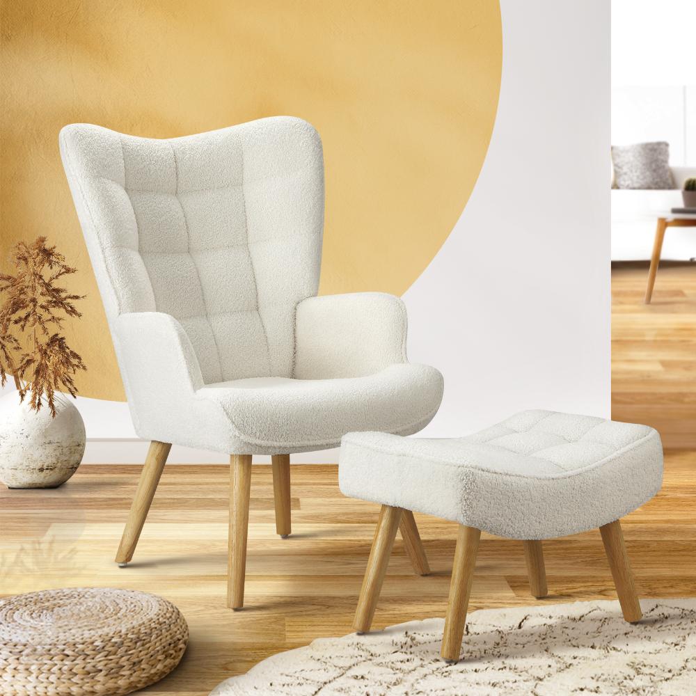 Oikiture Armchair Lounge Chair Ottoman Accent Armchairs Sherpa Sofa Chairs White-Armchairs-PEROZ Accessories
