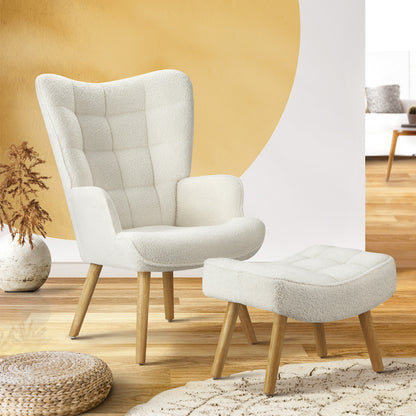 Oikiture Armchair Lounge Chair Ottoman Accent Armchairs Sherpa Sofa Chairs White-Armchairs-PEROZ Accessories
