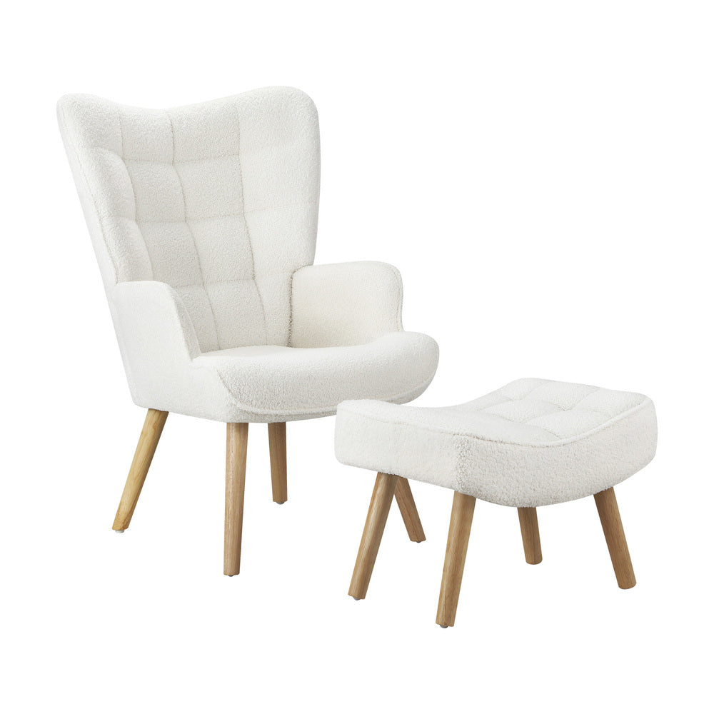 Oikiture 3x Armchair Lounge Chair Ottoman Sherpa Sofa White-Armchair-PEROZ Accessories