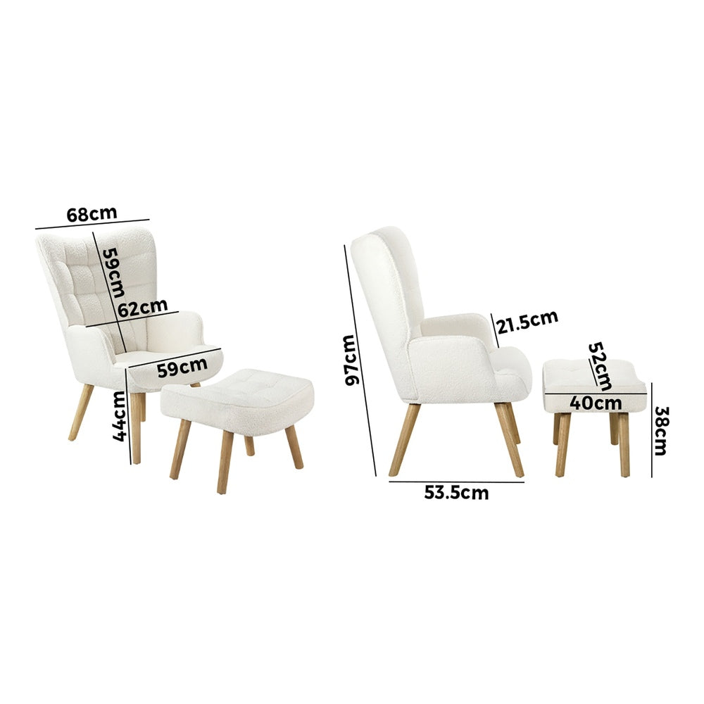 Oikiture 3x Armchair Lounge Chair Ottoman Sherpa Sofa White-Armchair-PEROZ Accessories