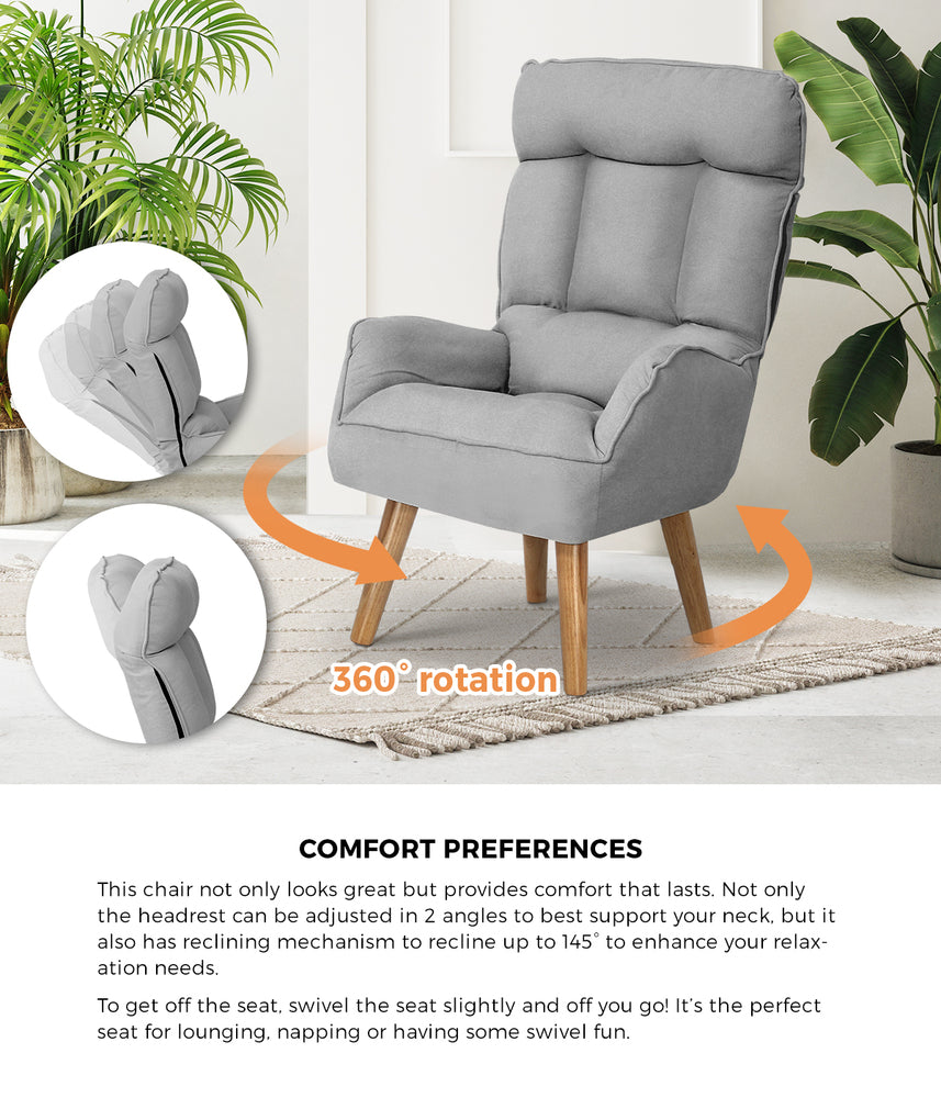 Oikiture Armchair wit Stool, Home Lounge with 360¡ Swivel Seat and 145¡ Recline Grey-Armchairs-PEROZ Accessories