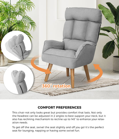 Oikiture Armchair wit Stool, Home Lounge with 360¡ Swivel Seat and 145¡ Recline Grey-Armchairs-PEROZ Accessories