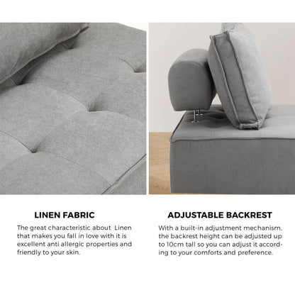 Oikiture 3PCS Modular Sofa Lounge Chair Armless Adjustable Back Linen Grey-Armchairs-PEROZ Accessories