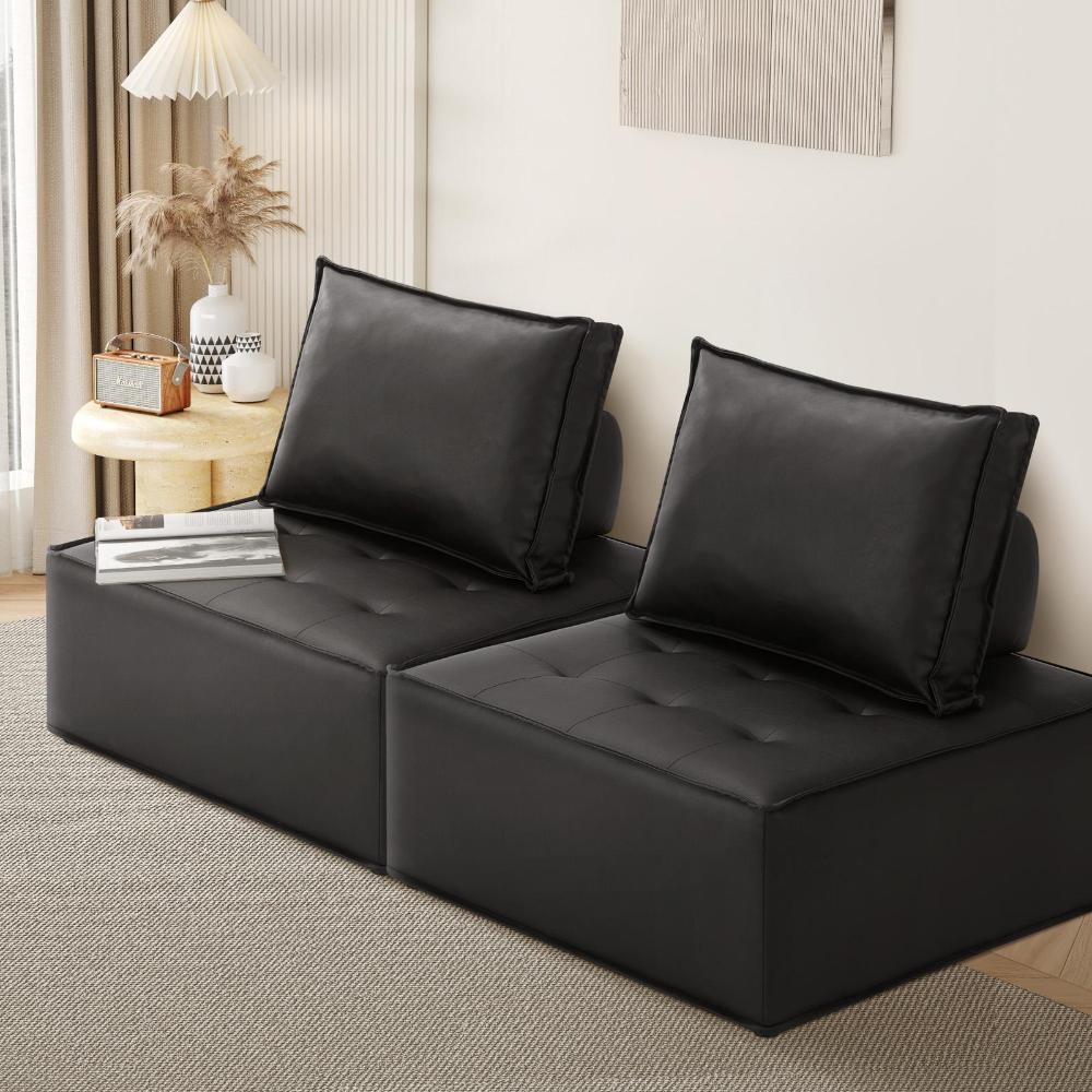 Oikiture 2pcs Pu Leather Sofa Couch Louge Chair Home Furniture Black-Armchairs-PEROZ Accessories