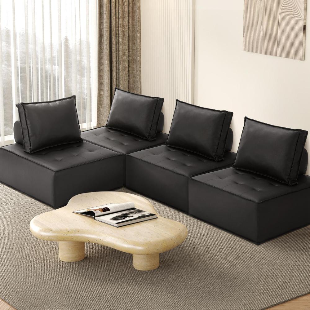 Oikiture 4pcs Pu Leather Sofa Couch Louge Chair Home Furniture Black-Armchairs-PEROZ Accessories