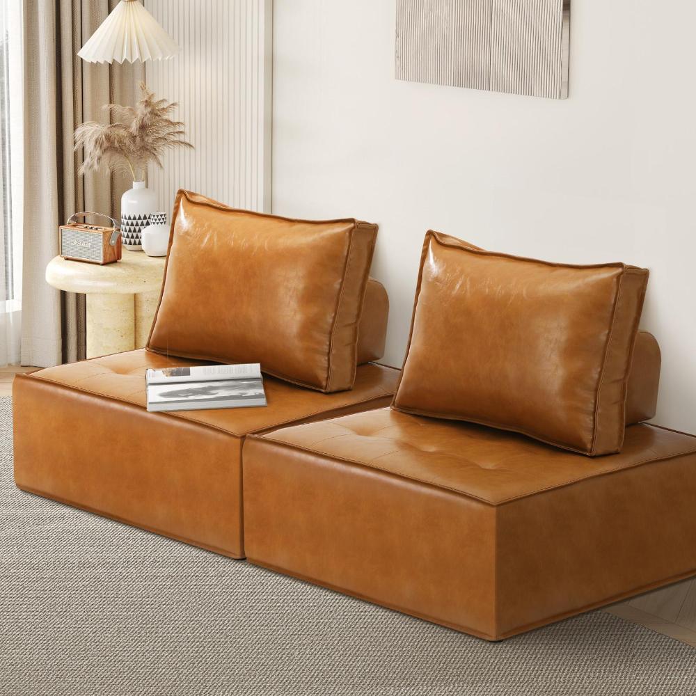 Oikiture 2pcs Pu Leather Sofa Couch Louge Chair Home Furniture Brown-Armchairs-PEROZ Accessories