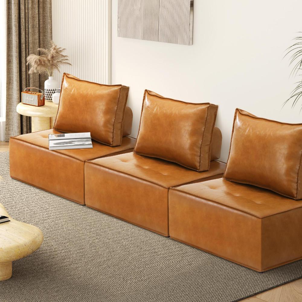 Oikiture 3pcs Pu Leather Sofa Couch Louge Chair Home Furniture Brown-Armchairs-PEROZ Accessories