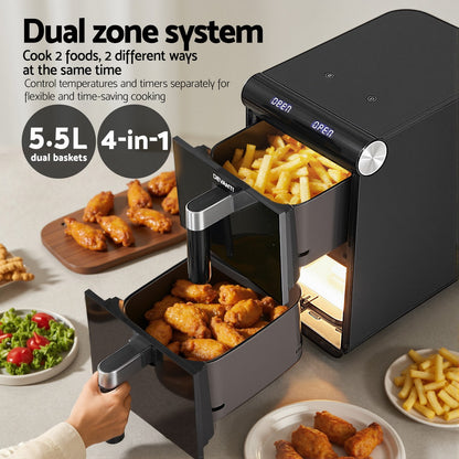 Devanti Air Fryer Oven 11L Dual Zone Fryers-Appliances &gt; Kitchen Appliances &gt; Air Fryers-PEROZ Accessories