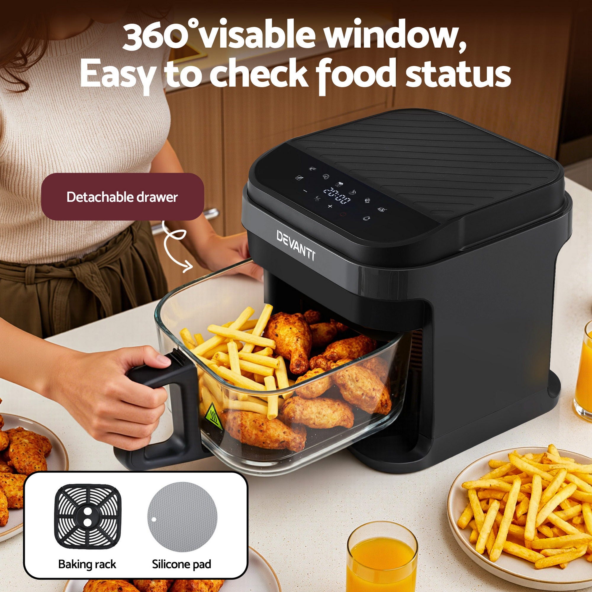 Devanti Air Fryer 5.5L Touch Control Electric Cooker 1200W Black-Appliances > Kitchen Appliances > Air Fryers-PEROZ Accessories