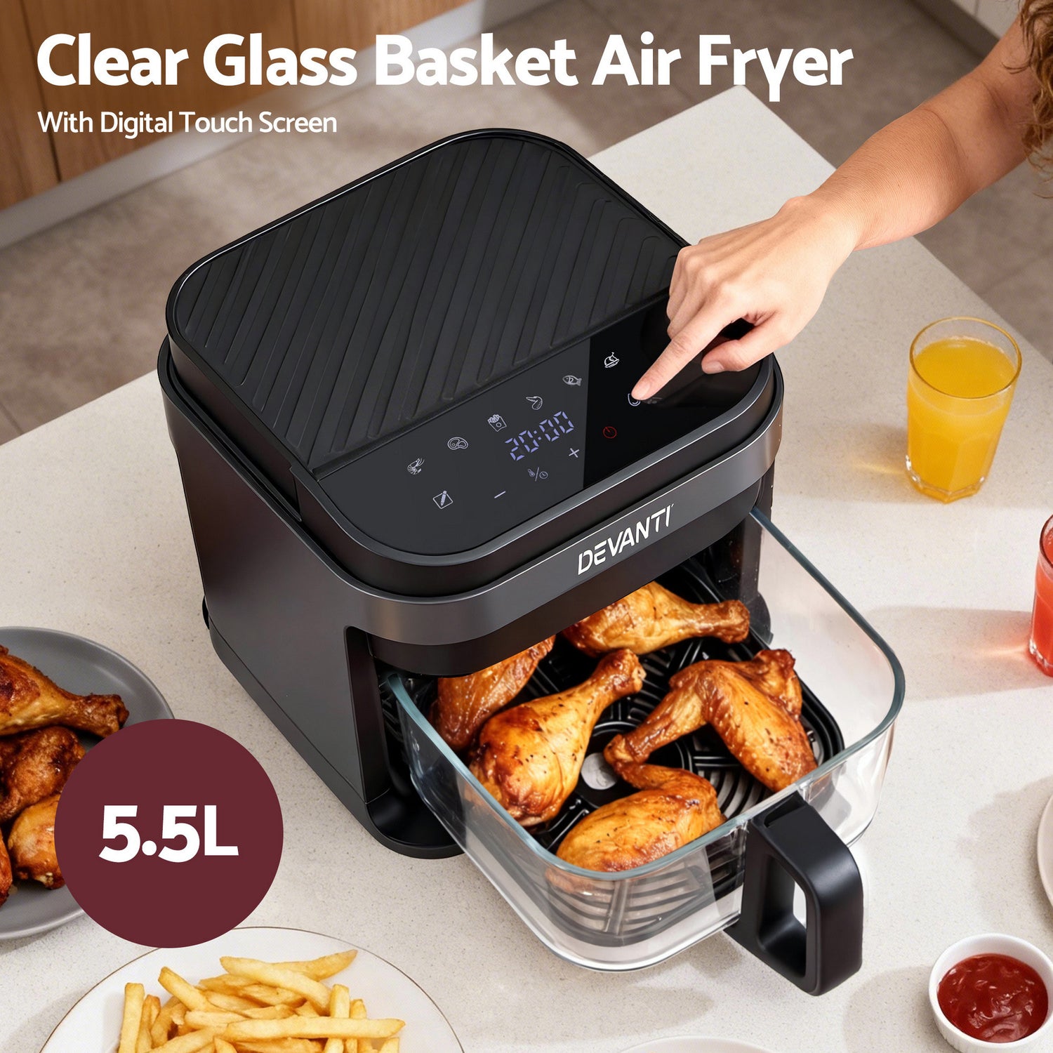 Devanti Air Fryer 5.5L Touch Control Electric Cooker 1200W Black-Appliances > Kitchen Appliances > Air Fryers-PEROZ Accessories