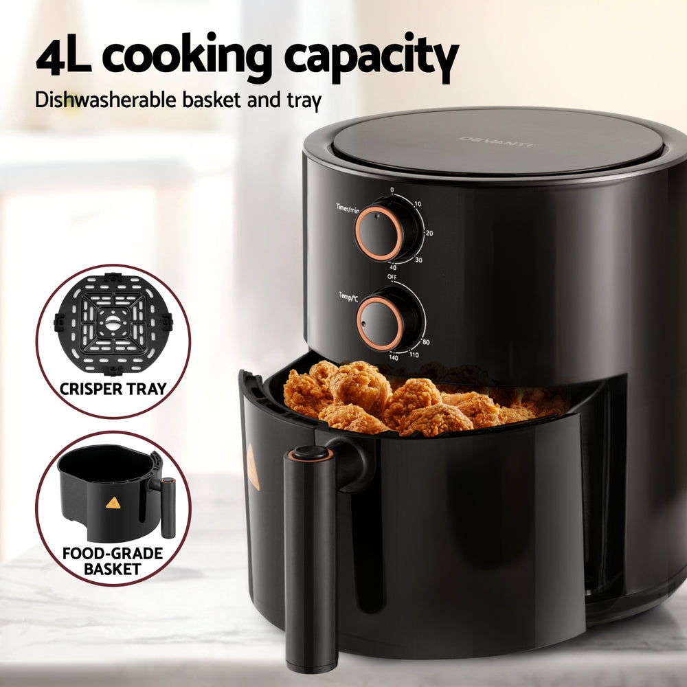 Devanti 4L Air Fryer Knob Control 1500W-Appliances &gt; Kitchen Appliances &gt; Air Fryers-PEROZ Accessories