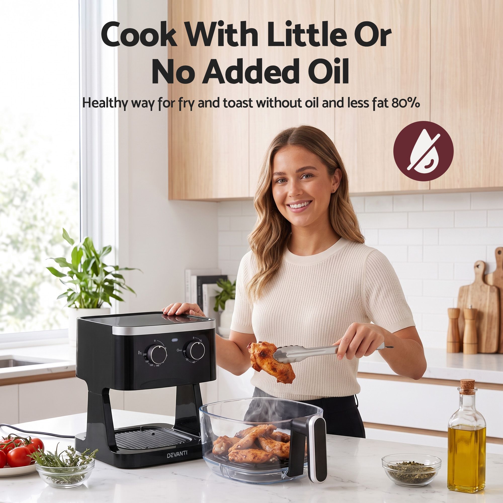 Devanti 4.5L Glass Air Fryer Kitchen Oven Knob Control 1350W Healthy Cooker Black