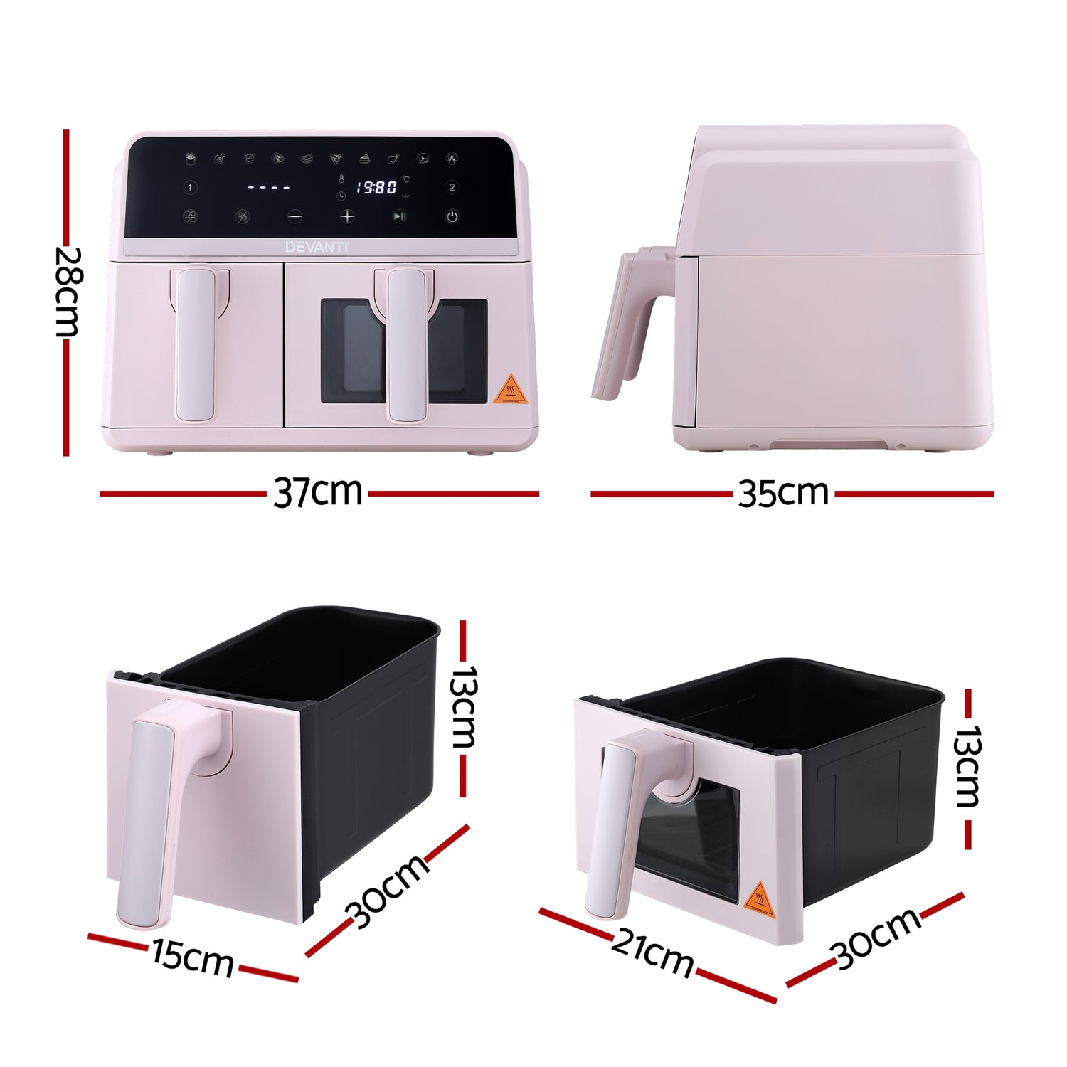 Devanti Air Fryer 9L Dual Zone Fryers 2600W Pink-Appliances > Kitchen Appliances > Air Fryers-PEROZ Accessories