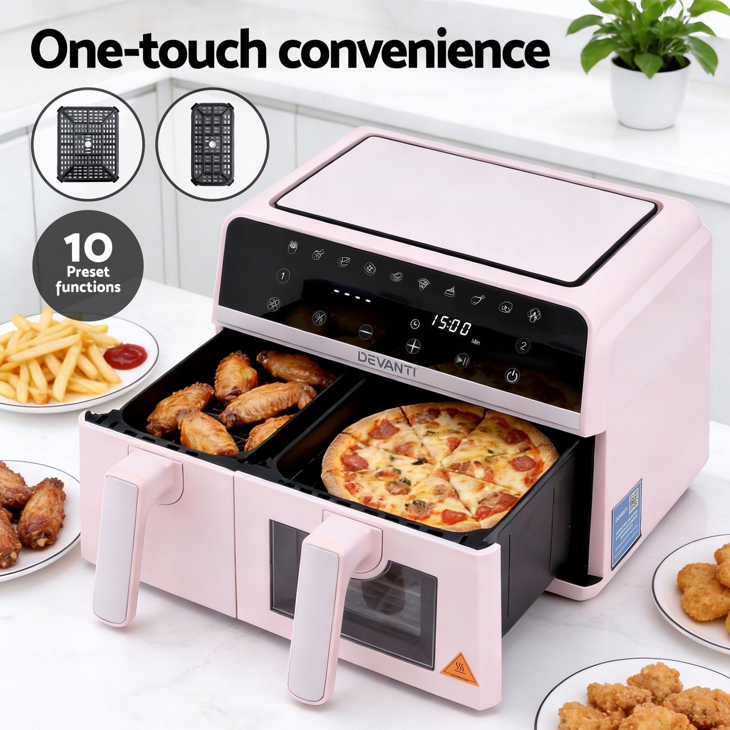 Devanti Air Fryer 9L Dual Zone Fryers 2600W Pink-Appliances > Kitchen Appliances > Air Fryers-PEROZ Accessories