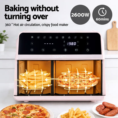 Devanti Air Fryer 9L Dual Zone Fryers 2600W Pink-Appliances > Kitchen Appliances > Air Fryers-PEROZ Accessories
