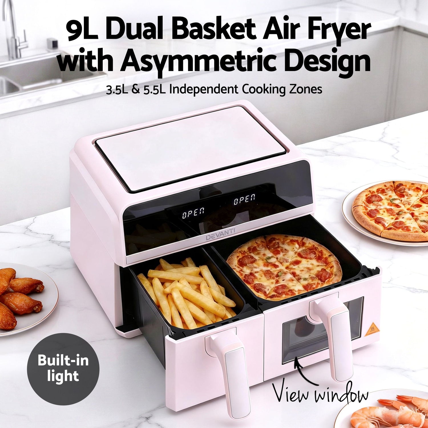 Devanti Air Fryer 9L Dual Zone Fryers 2600W Pink-Appliances > Kitchen Appliances > Air Fryers-PEROZ Accessories