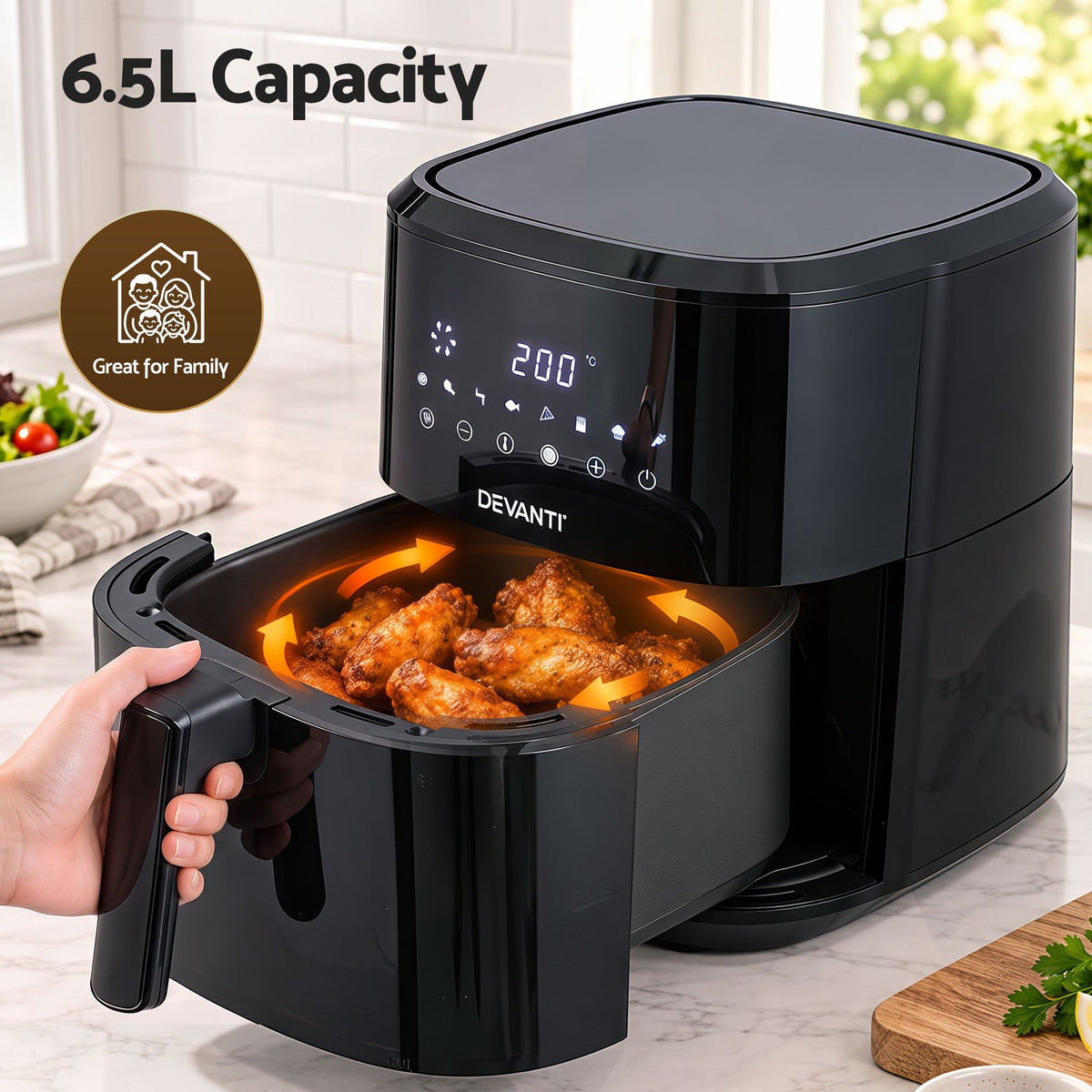 Devanti Air Fryer 6.5L 1700W Digital Touch 8 Presets Non-Stick Basket Black-Appliances > Kitchen Appliances > Air Fryers-PEROZ Accessories